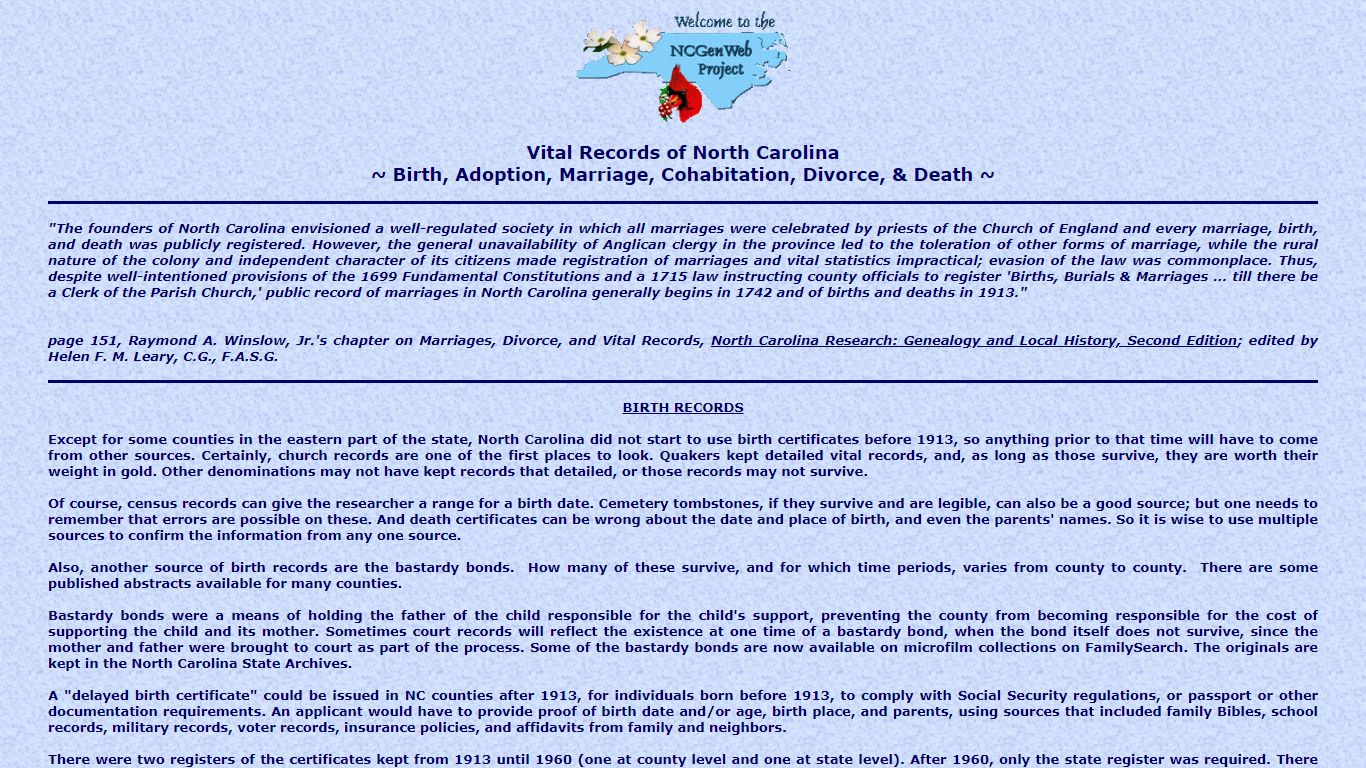 Vital Records of North Carolina - NCGenWeb