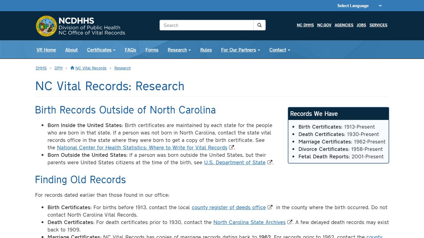 NCDHHS: DPH: NC Vital Records: Research